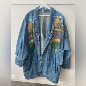 Oversized vintage 80s 90s denim jacket western hand painted